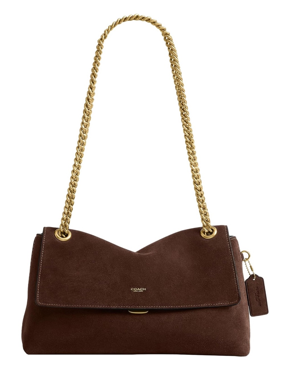 COACH Chelsea Shoulder Bag in Dark Chocolate Suede with Gold Chain Straps - New